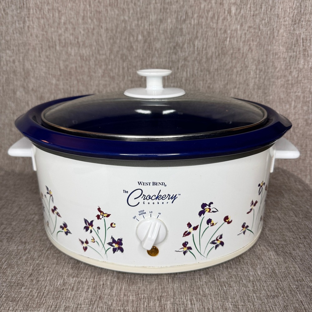 West Bend The Crockery 4 QT Slow Cooker Oval Cobalt Blue Floral White Vintage